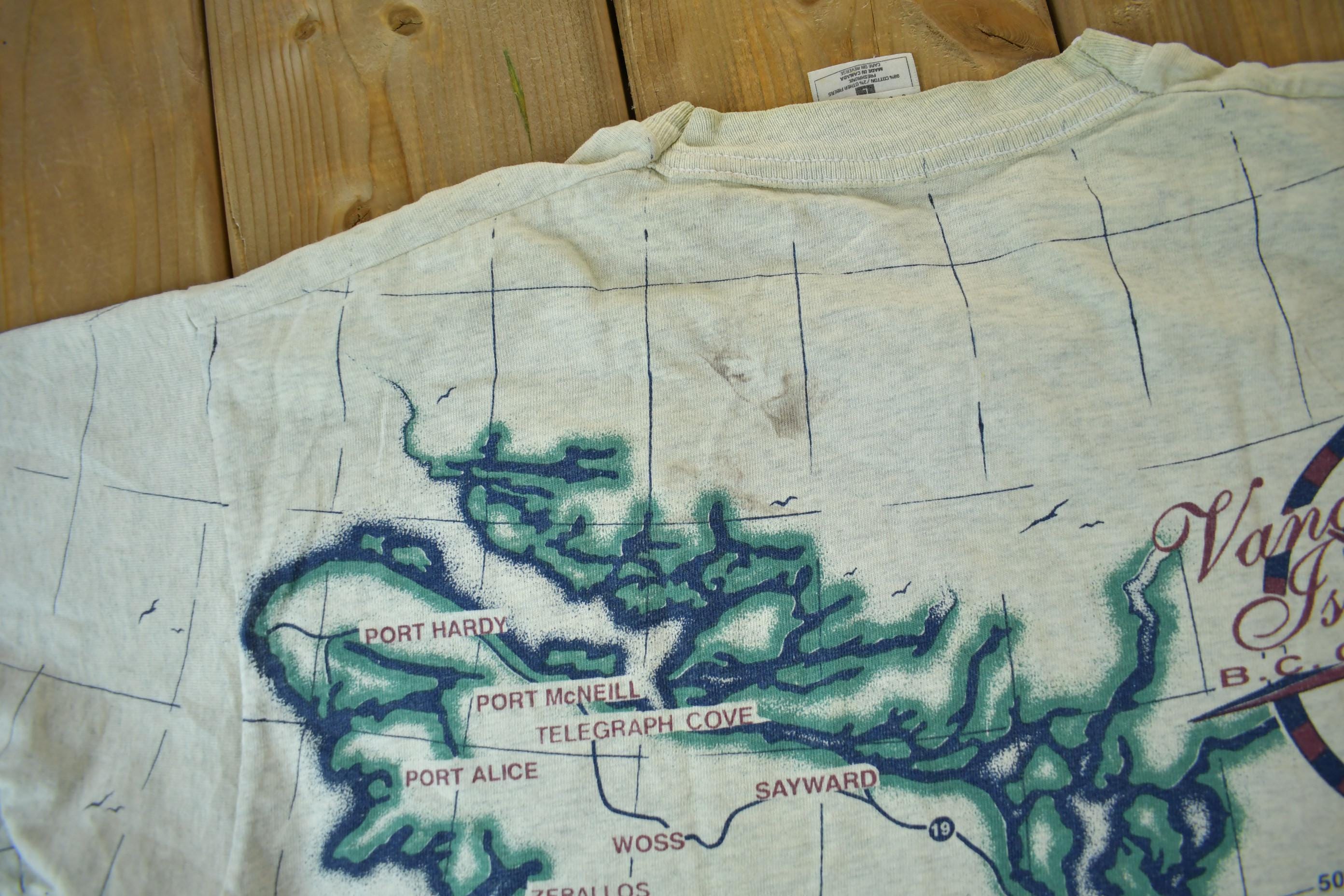 Vintage 1991 Vancouver Island All Over Print Map Graphic T Shirt