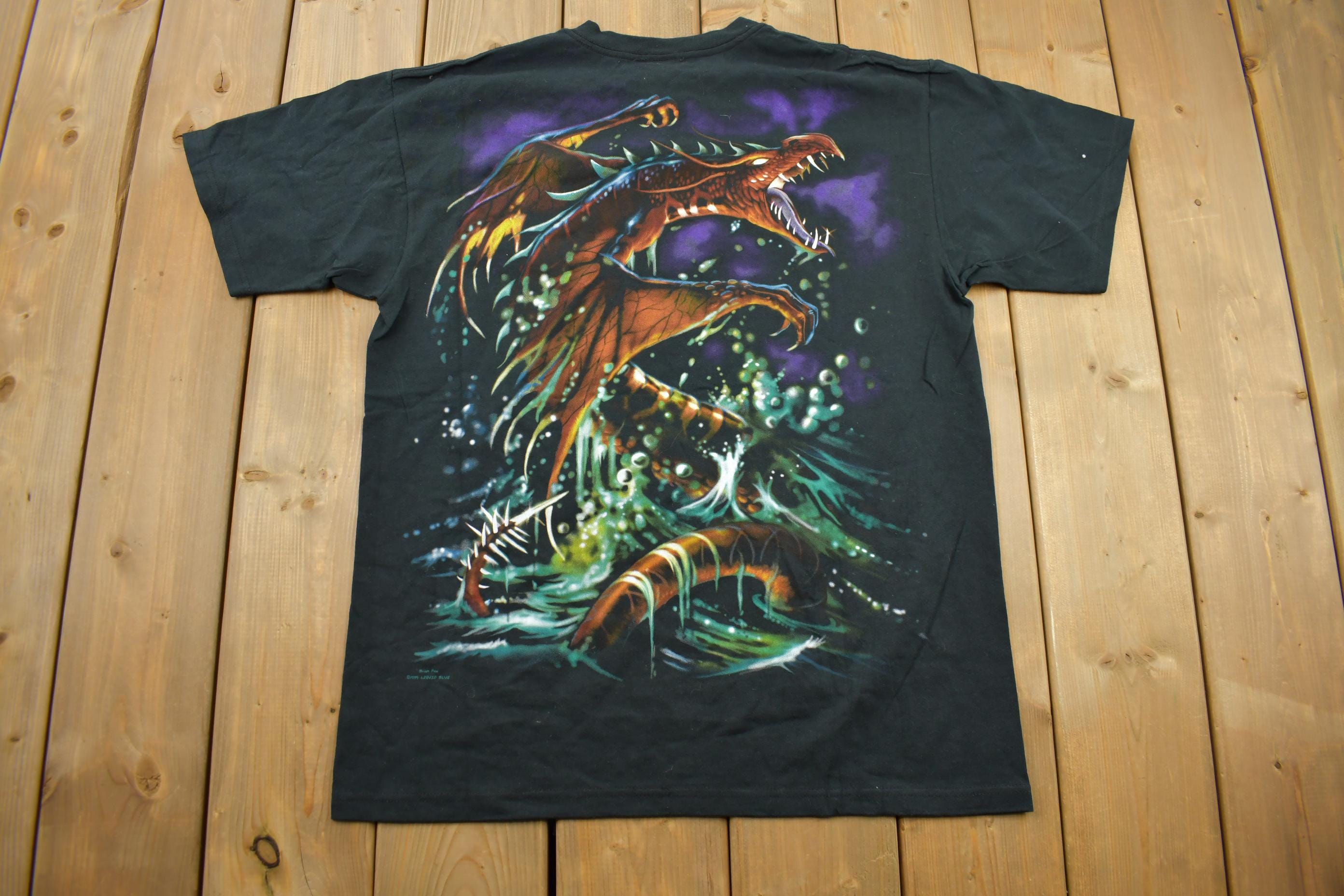 Vintage 1999 Deadstock Liquid Blue Dragon Wizard Big Graphic T-Shirt