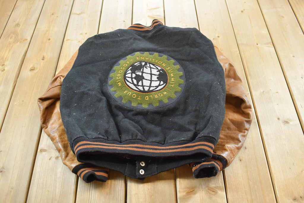 Vintage 1990s Golden Bear Leather Wool Varsity Microsoft Envision Summit World Tour Jacket Made In USA Mens M /