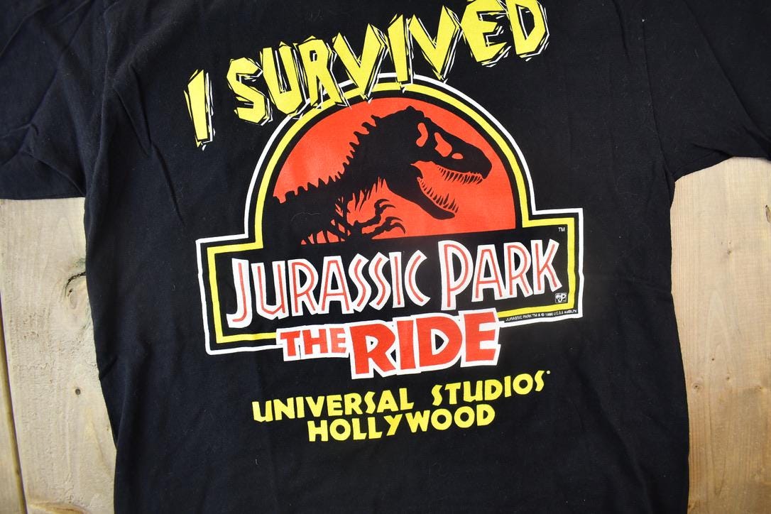 Vintage 1996 I Survived Jurassic Park The Ride Universal Studios Hollywood T Shirt