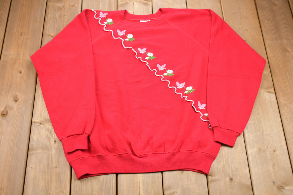 Vintage 1980s Floral Embroidered Graphic Raglan Crewneck Sweatshirt