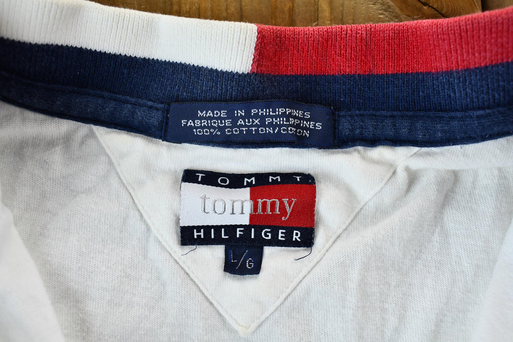 Vintage 1990s Tommy Hilfiger Women's Red White and Blue Zipper Polo Shirt