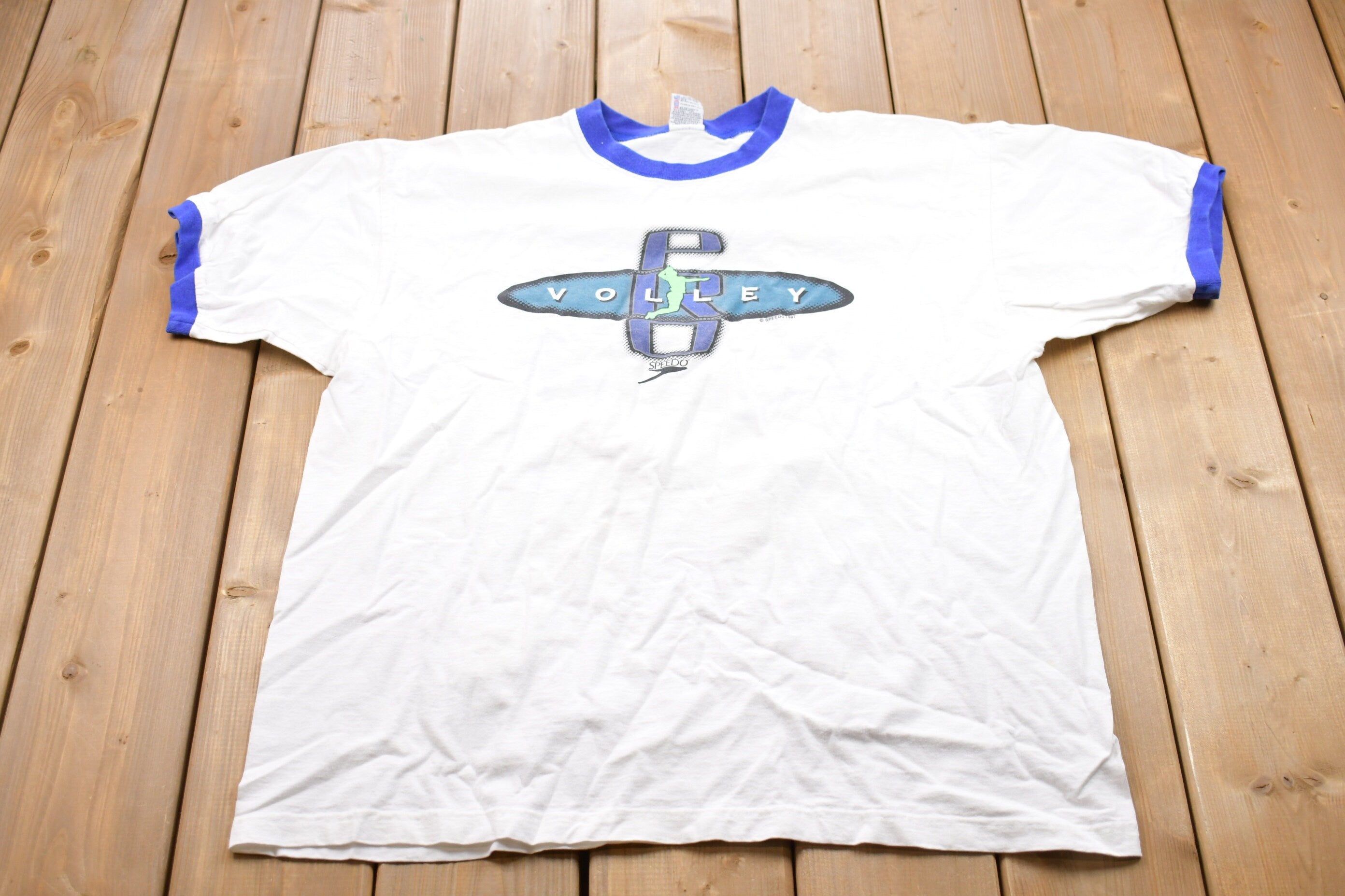 Vintage 1997 Speedo Volleyball Graphic Ringer T-Shirt