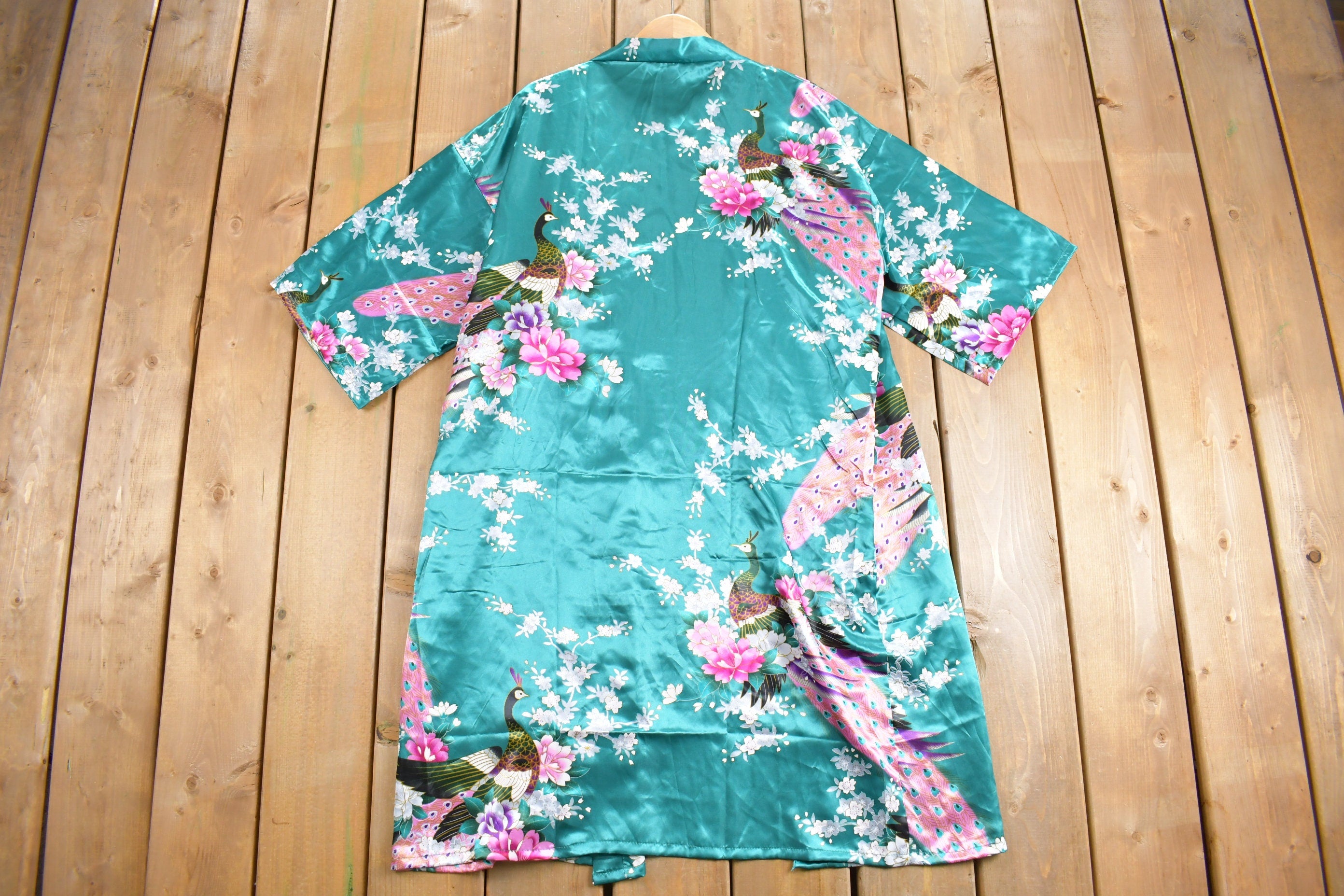 Vintage Japanese Peacock Print Silk Kimono Robe