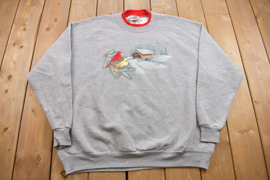 Vintage 1990s Top Stitch Cute Winter Birds Double Collar Crewneck Sweatshirt