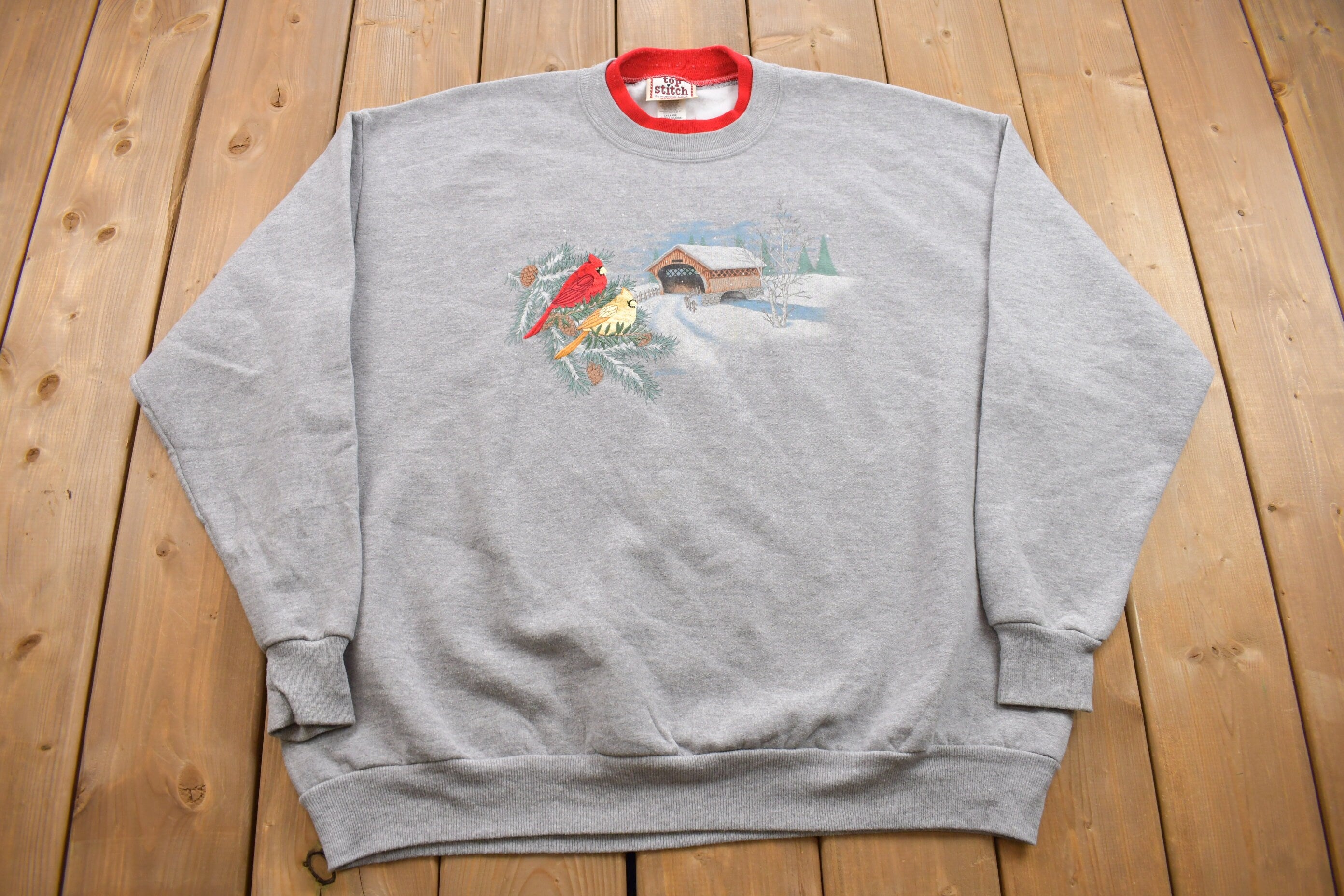 Vintage 1990s Top Stitch Cute Winter Birds Double Collar Crewneck Sweatshirt