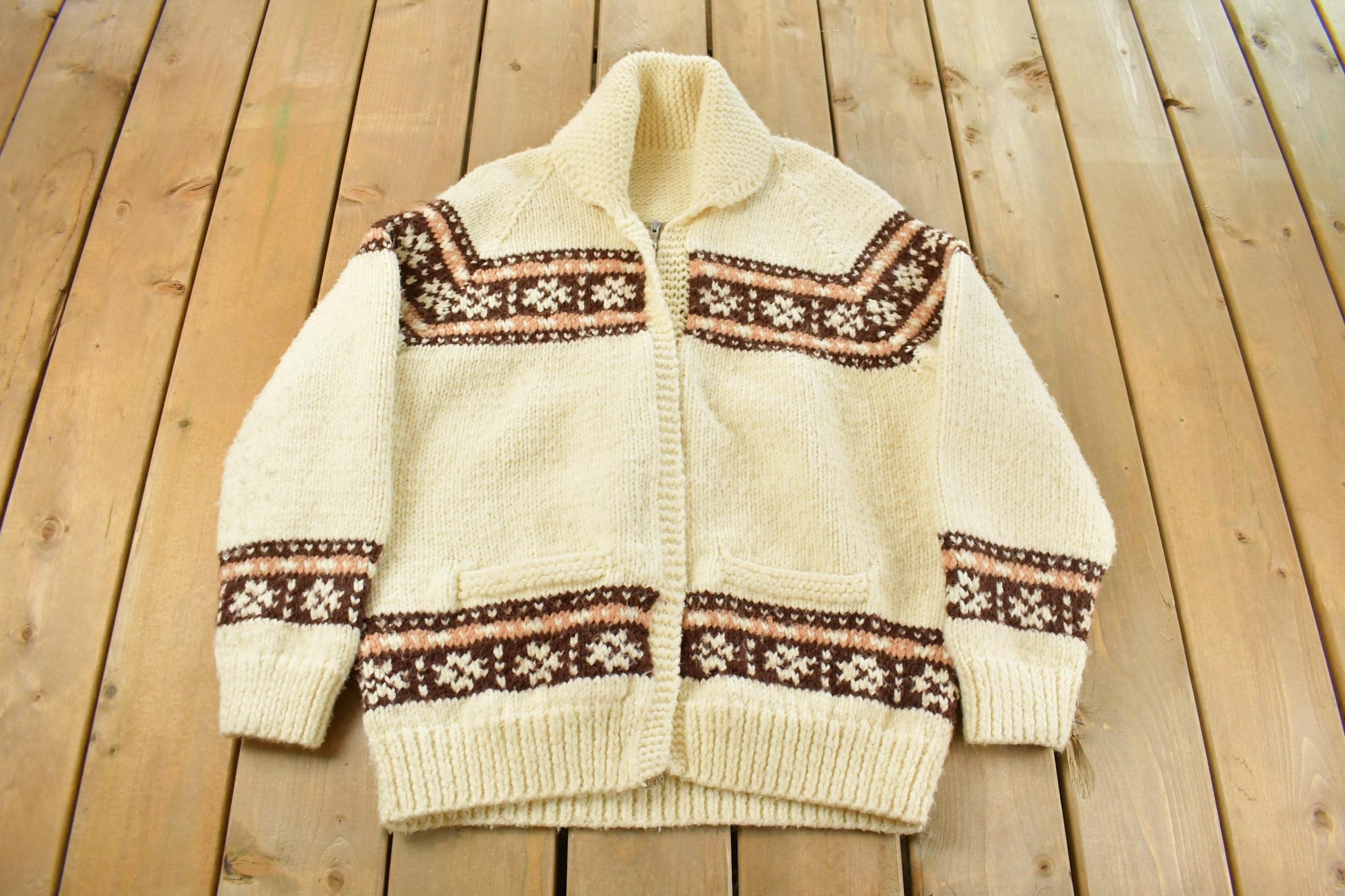 Vintage 1970s Cowichan Full Zip Hand Knit Sweater Men's Large