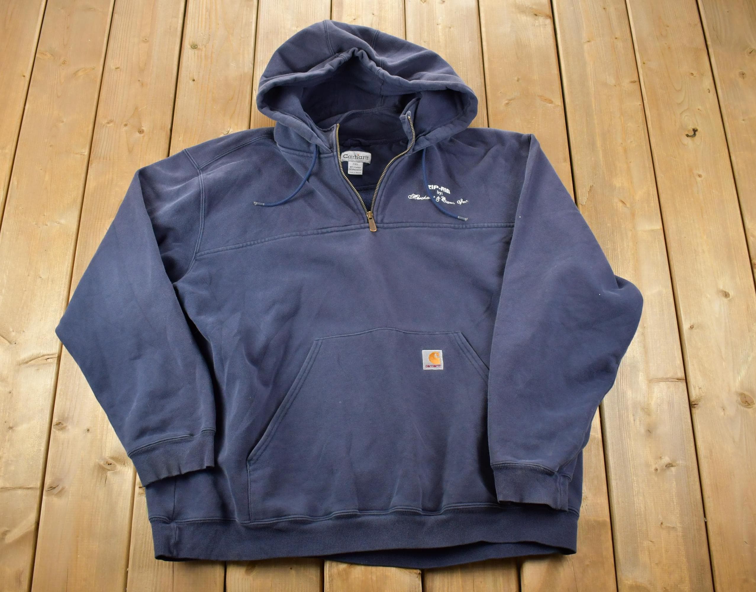 Vintage Distressed Zip Rib Unique Carhartt Quarter Zip Hoodie Sweatshirt