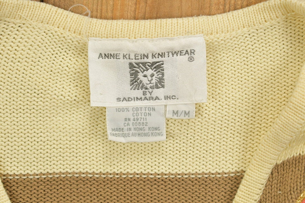 Vintage 1980s Anne Klein Embroidered Striped Knit V-Neck Sweater