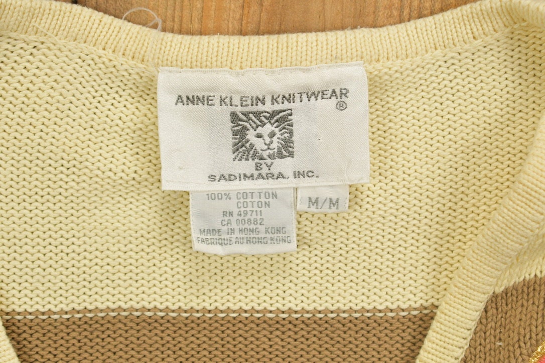 Vintage 1980s Anne Klein Embroidered Striped Knit V-Neck Sweater