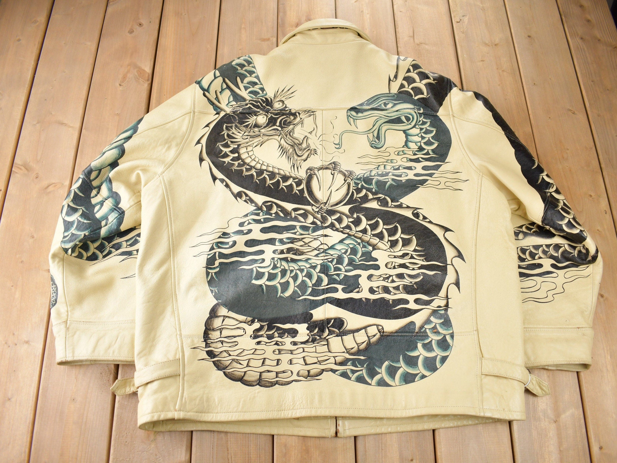 Vintage 1990s Avirex USA Japanese Dragons Graphic Leather Jacket Size 3XL