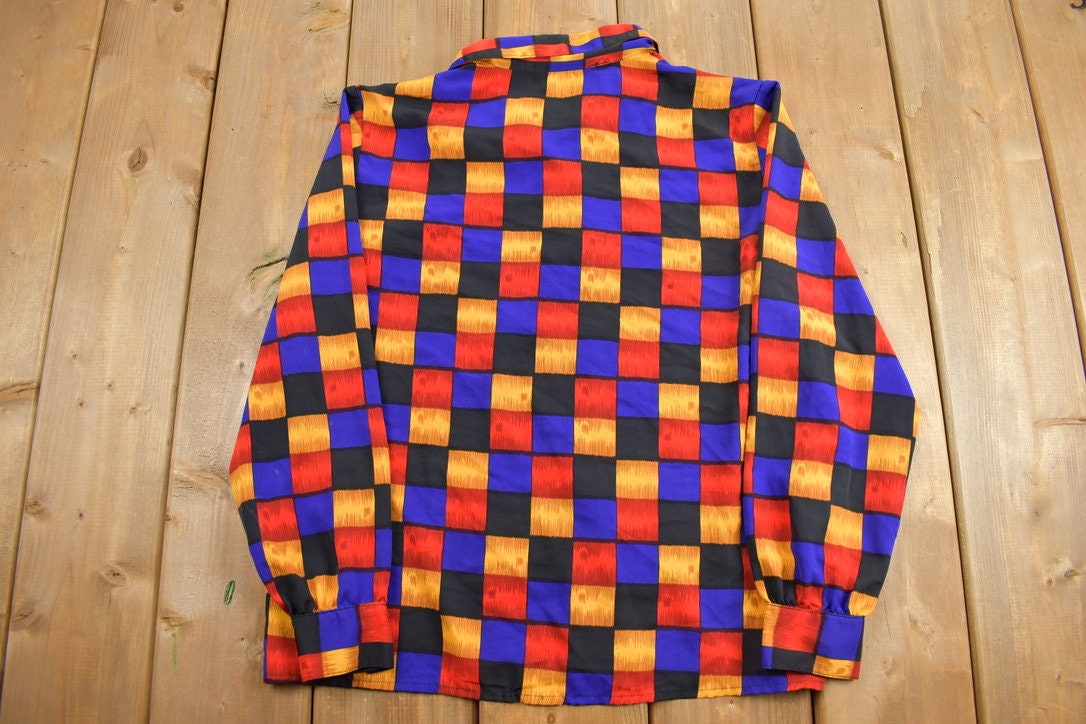 Vintage 1990s Notations Petite Colorful Checkerboard Print Button Up Shirt / Abstract Pattern / Casual Shirt / Party Shirt / Womens Shirt /