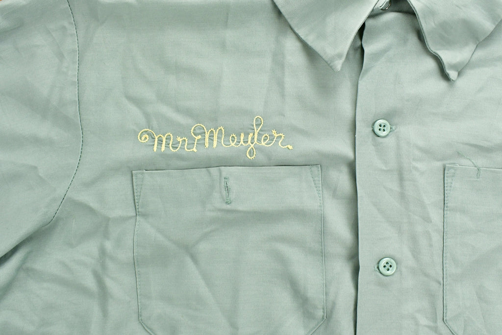 Vintage 1970s Chain Stitched Button Up Uniform T-Shirt  Mr. Meyler  Embroidered  Union Made  Woodbridge School  Distressed  Pocket Tee