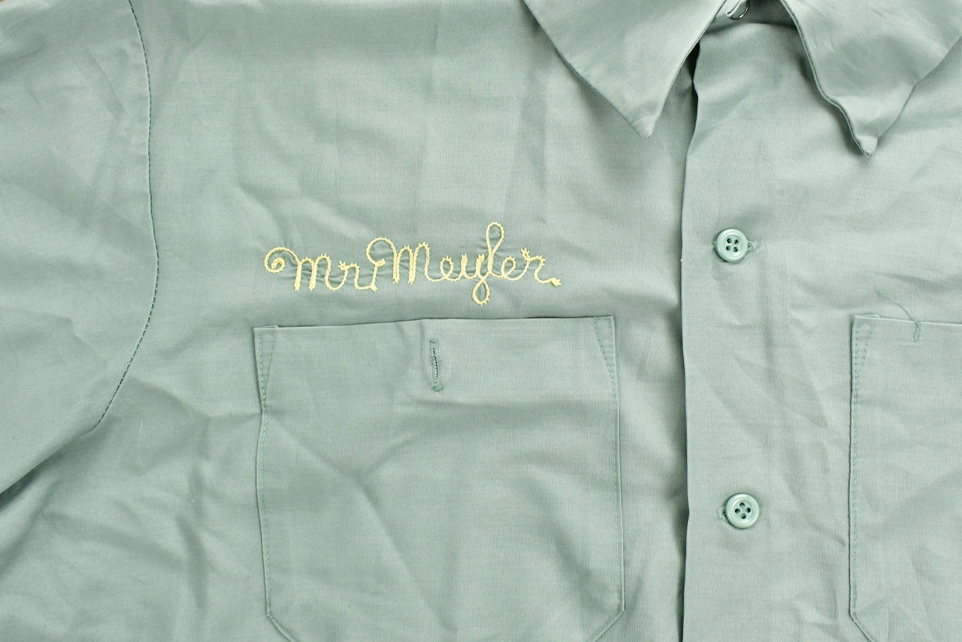 Vintage 1970s Chain Stitched Button Up Uniform T-Shirt  Mr. Meyler  Embroidered  Union Made  Woodbridge School  Distressed  Pocket Tee
