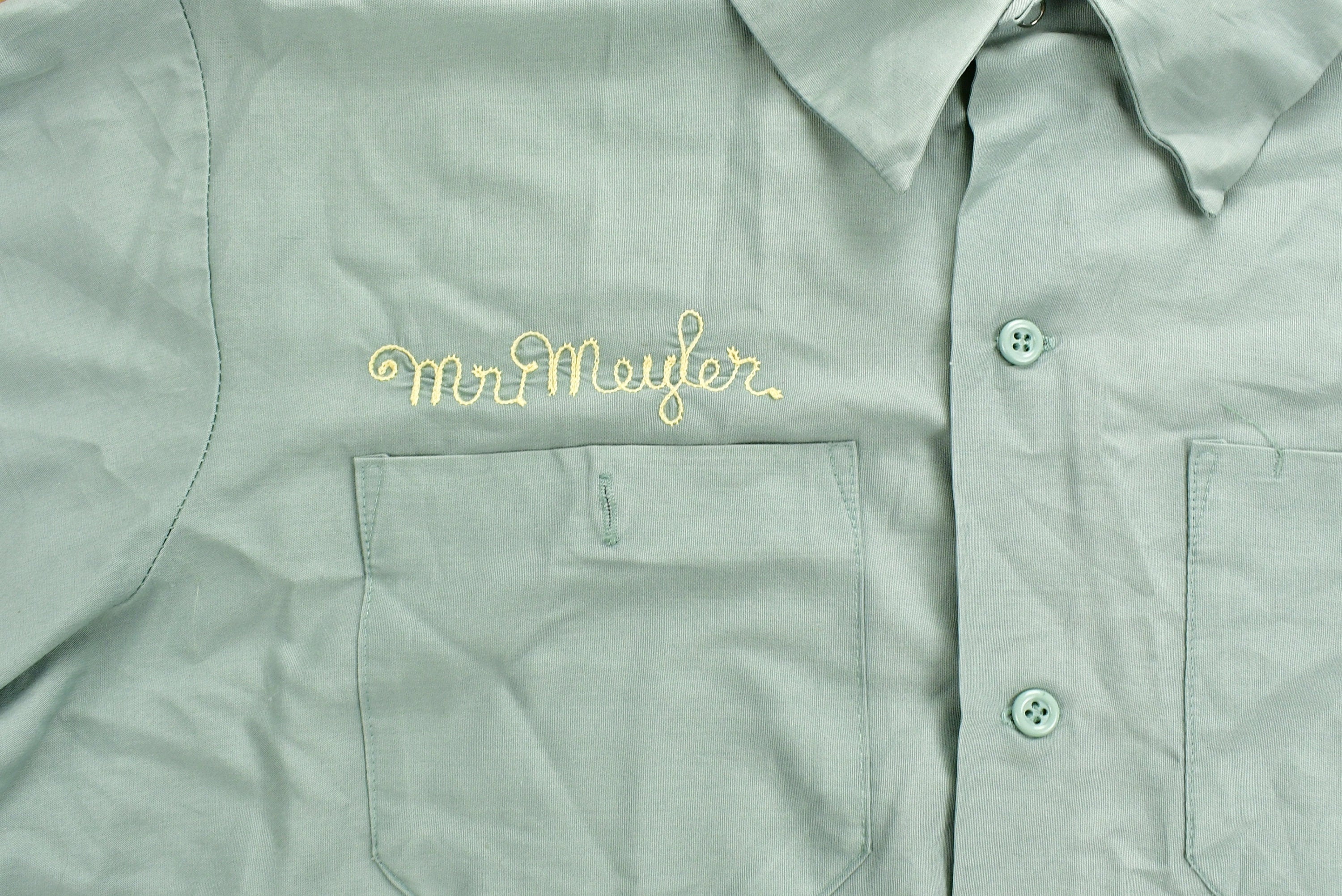 Vintage 1970s Chain Stitched Button Up Uniform T-Shirt  Mr. Meyler  Embroidered  Union Made  Woodbridge School  Distressed  Pocket Tee