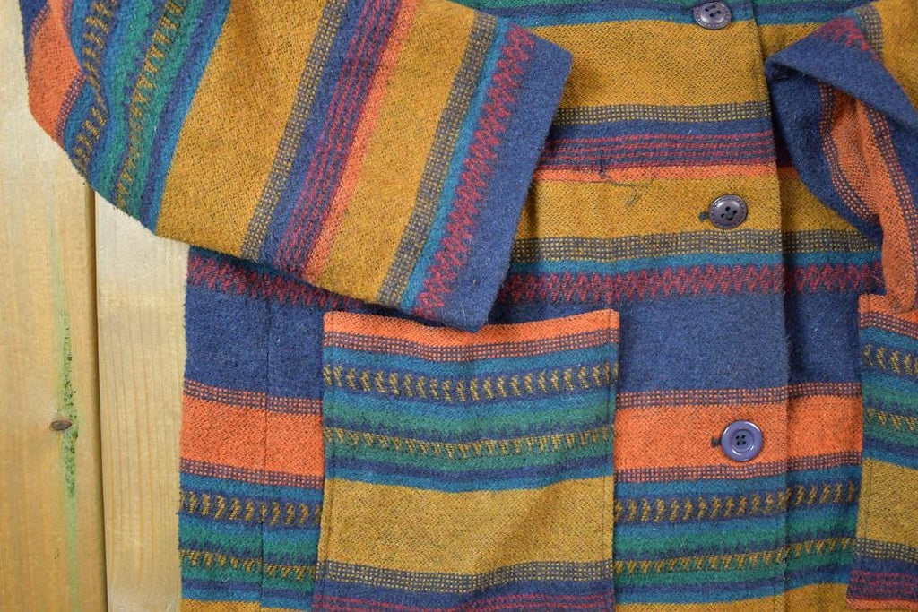 Vintage 1990s Striped Wool Hooded Aztec Style Button Up Jacket Made In