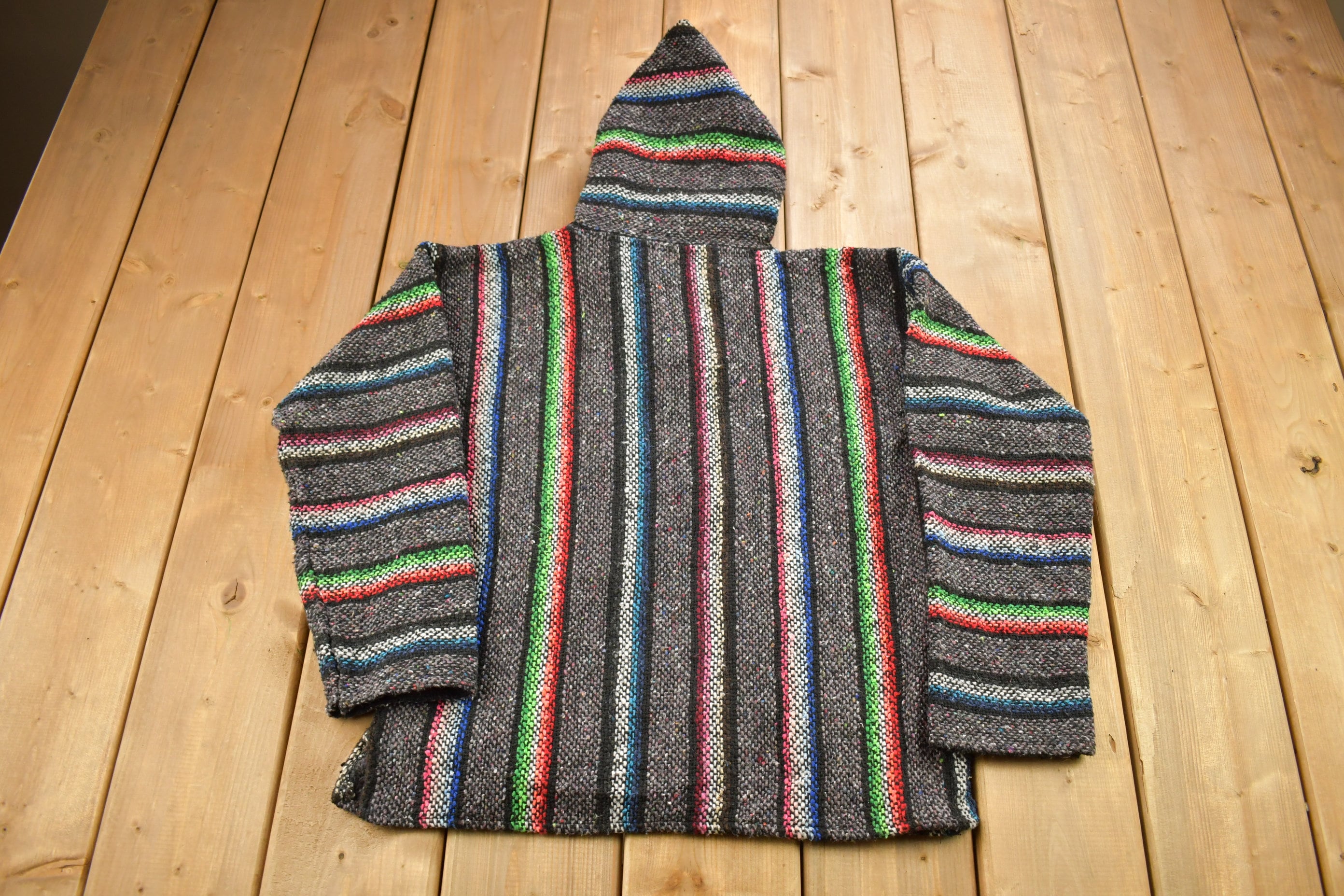 Vintage 1990s Artesania Hooded Pullover Striped Knit Poncho Blanket Hoodie
