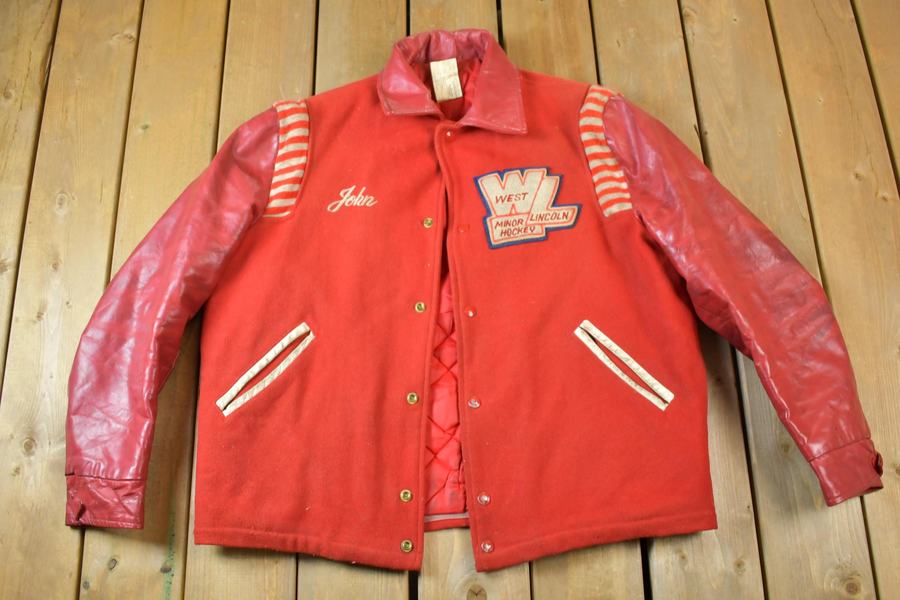 Vintage 1990s West Lincoln Minor Hockey Leather & Wool Varsity Jacket Made In USA