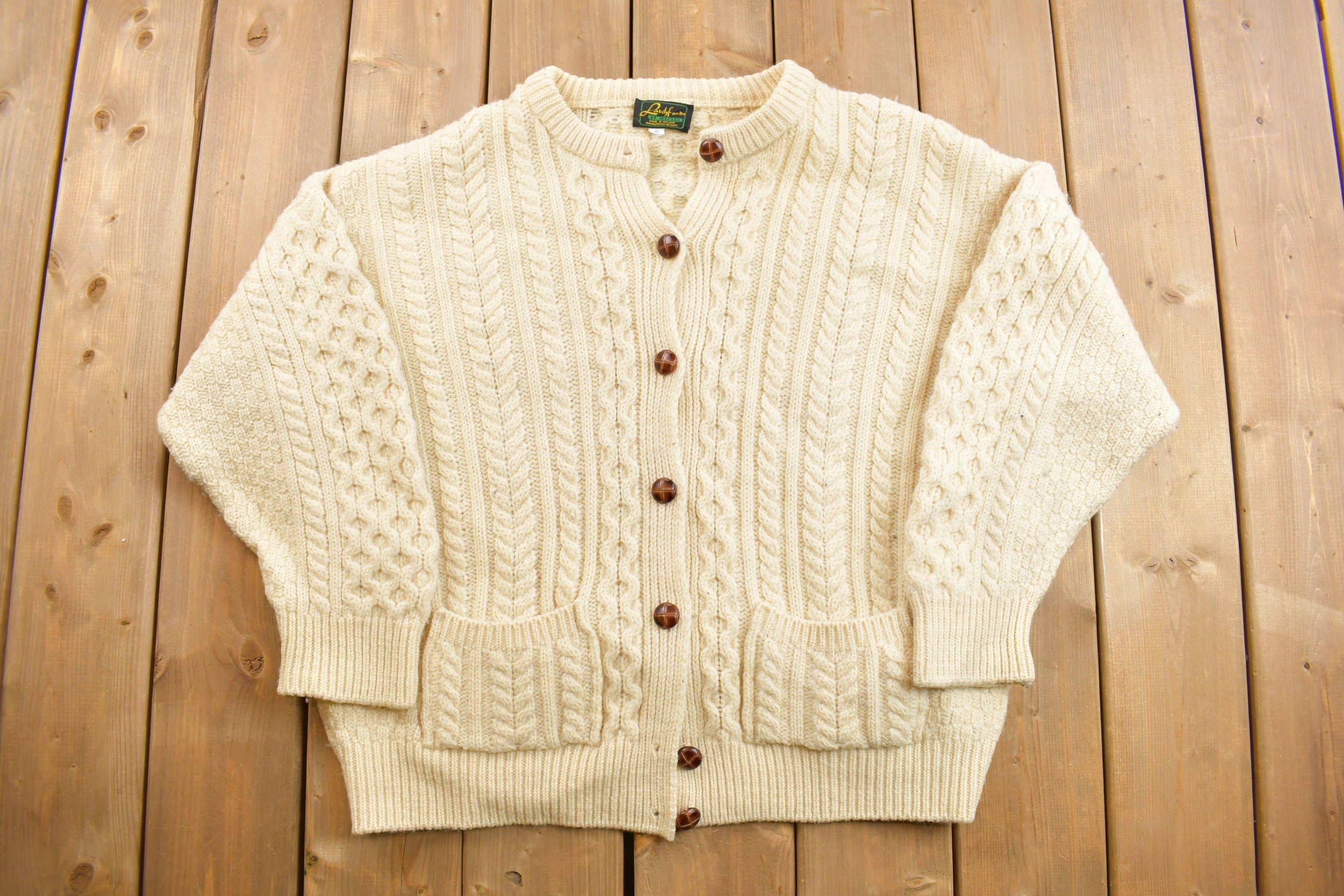 Vintage 1980s Latchfords 100% Wool 3D Cable Knit Cardigan Sweater