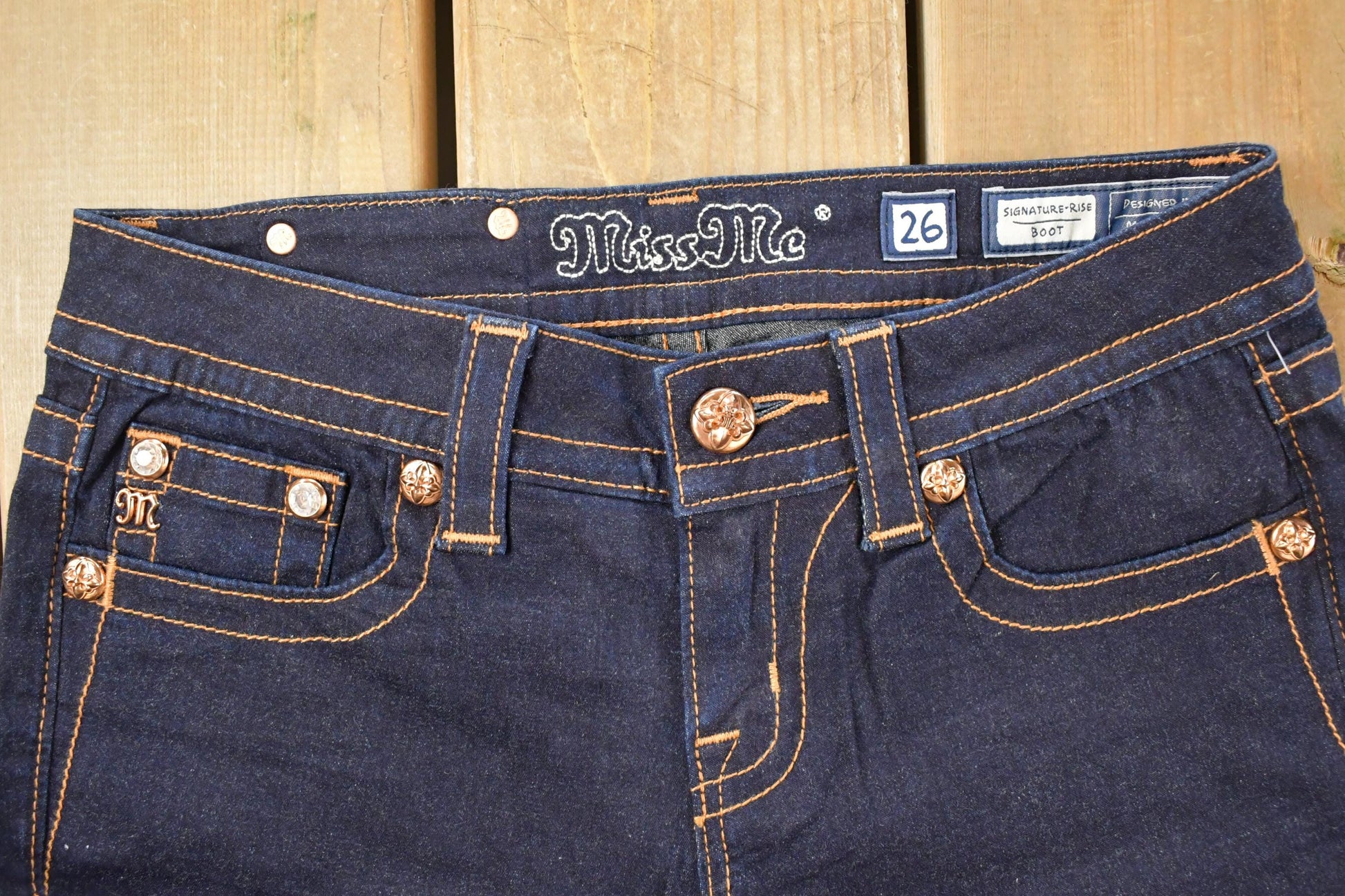 Vintage Deadstock Y2K Miss Me Bedazzled Low Rise Jeans Women's Size 26x31 / Boot Cut Jeans / 2000's Embroidered Contrast Stitched Denim