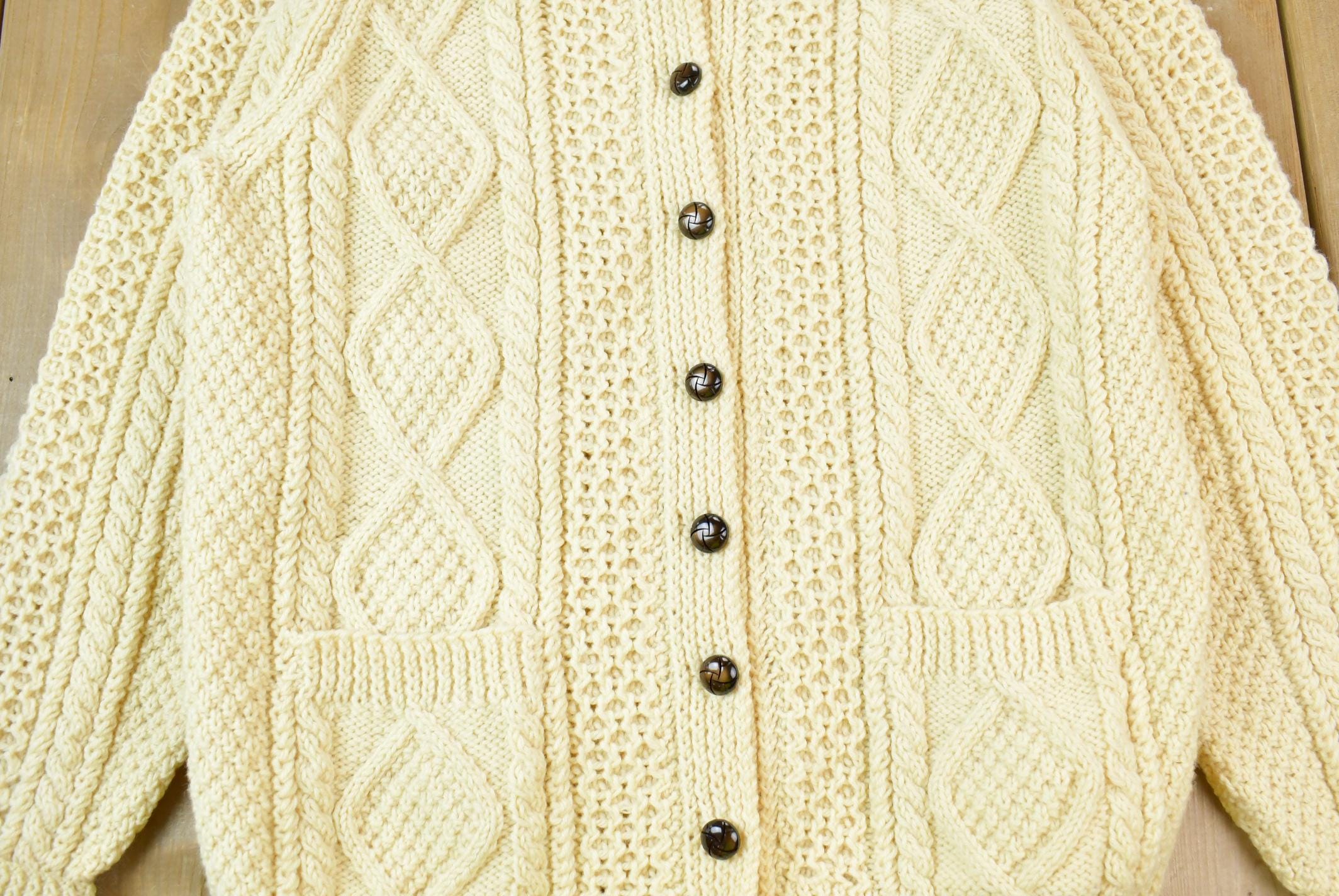 Vintage 1980s Bunratty 100% Wool Cable Knit Cardigan Sweater
