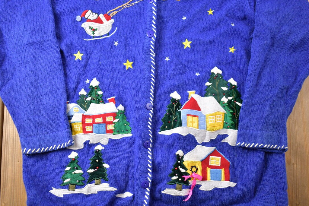 Vintage 1990s The Quacker Factory Christmas Theme Knit Cardigan  Vintage Cardigan  Button Up  Abstract Pattern  All Over Print