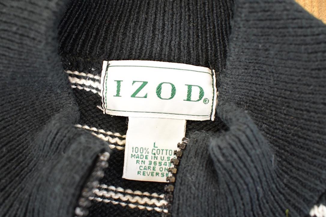 Vintage 1990s Izod Striped Zip Up Knit Crewneck Sweater Men's S  Abstract Pattern 3D Knitted Sweatshirt