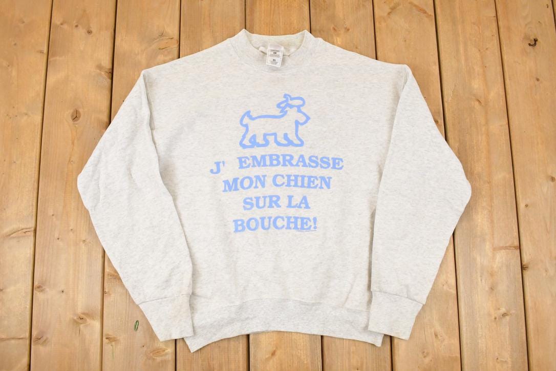 Vintage 1990s French Dog Funny Graphic Print Crewneck Sweatshirt Mens M