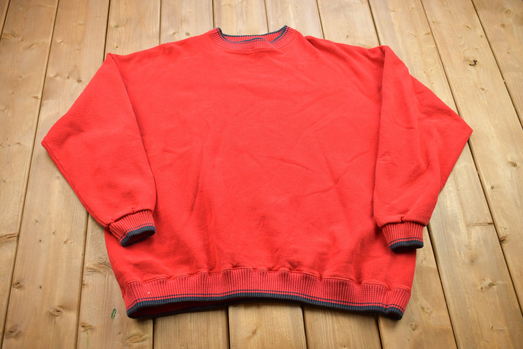 Vintage 1990s Striped Cuff Blank Red Crewneck Sweatshirt