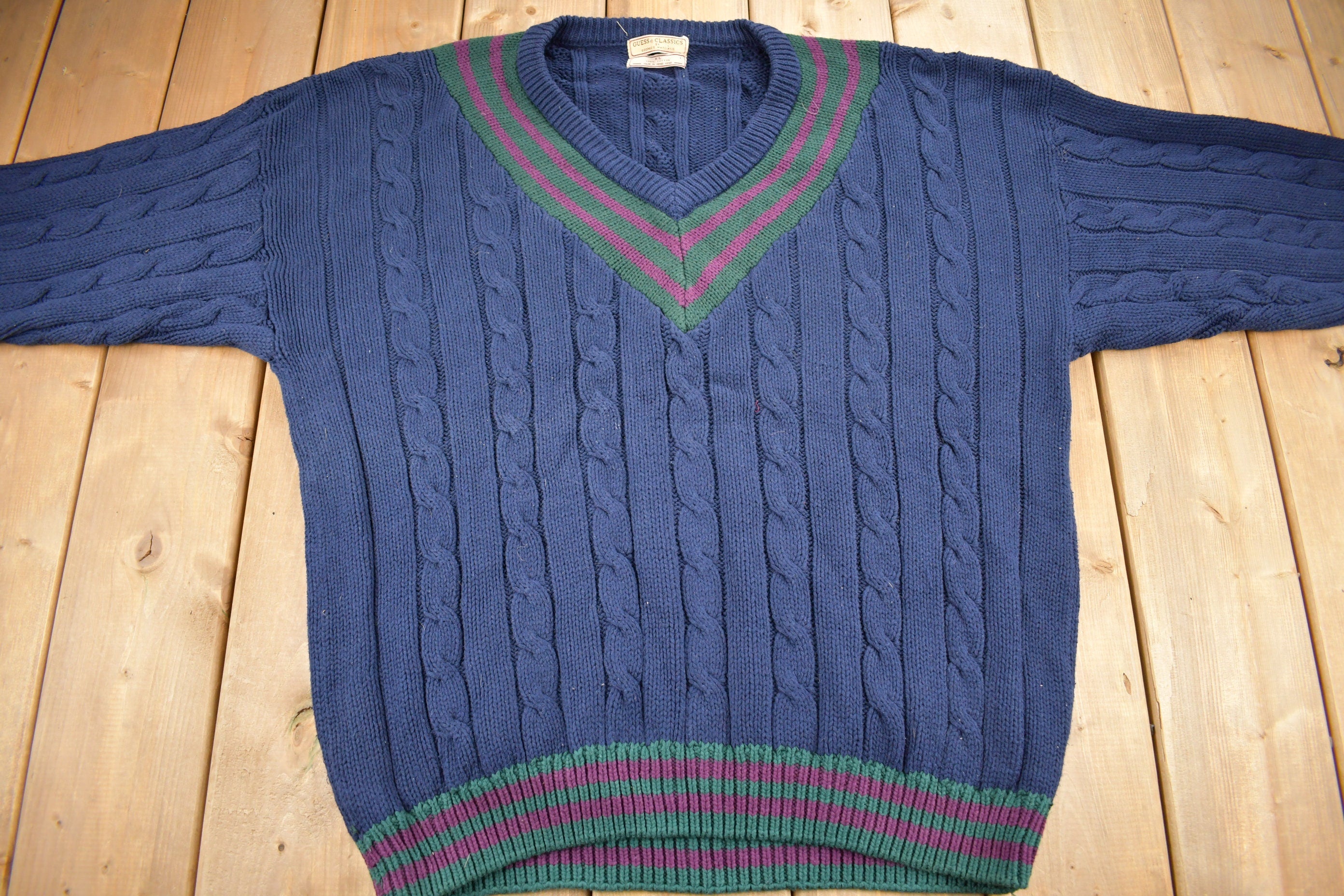Vintage 1990s Guess Classics V-Neck Knit Colligate Sweater