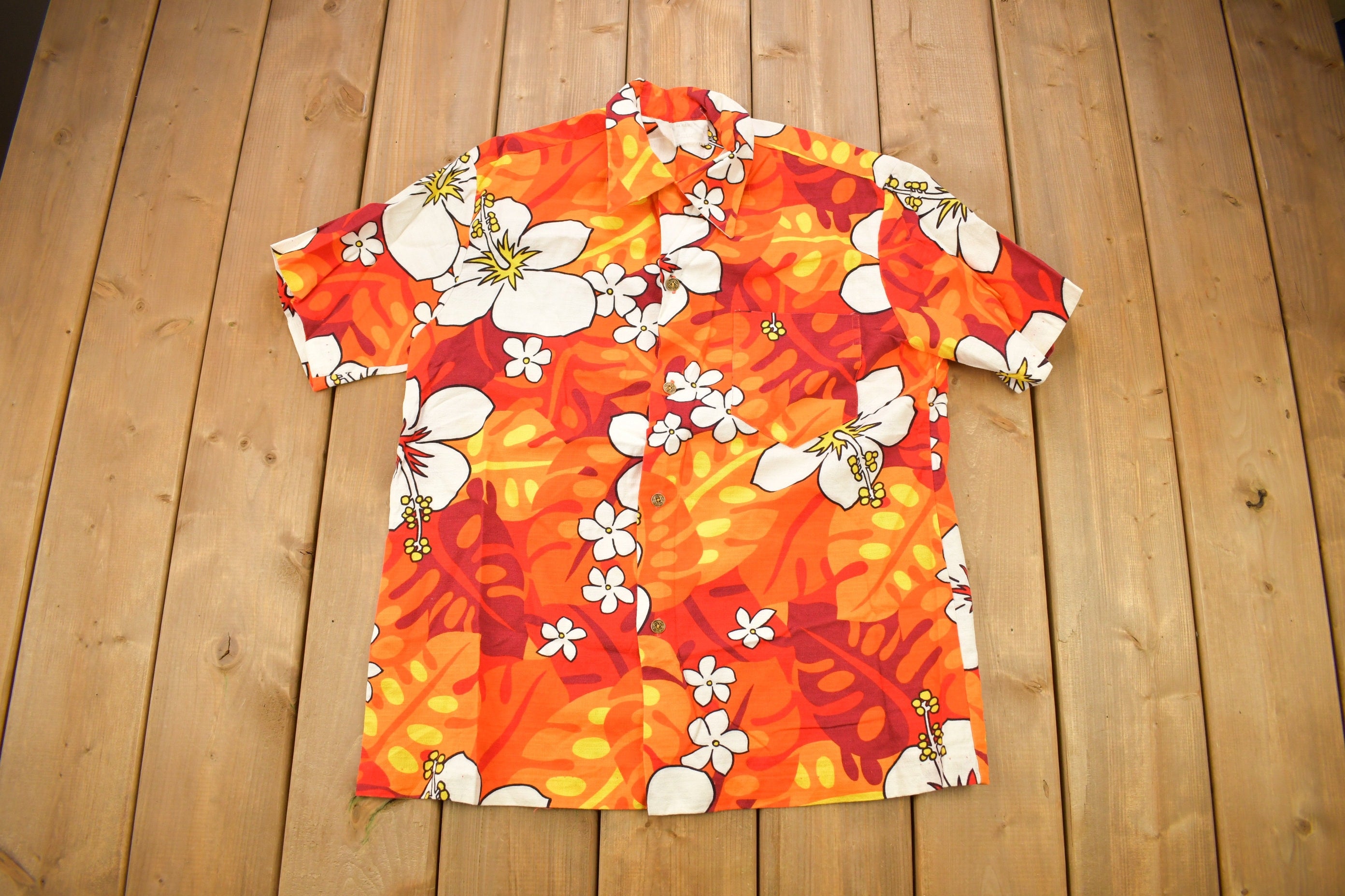 Vintage 1960s Orange Hawaiian Button Up Shirt