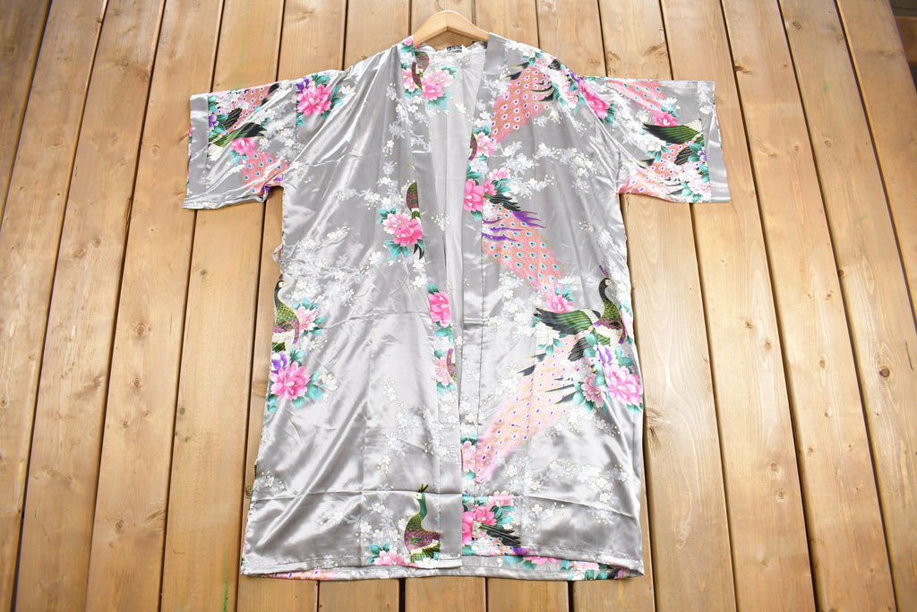 Vintage Japanese Peacock Print Silk Kimono Robe