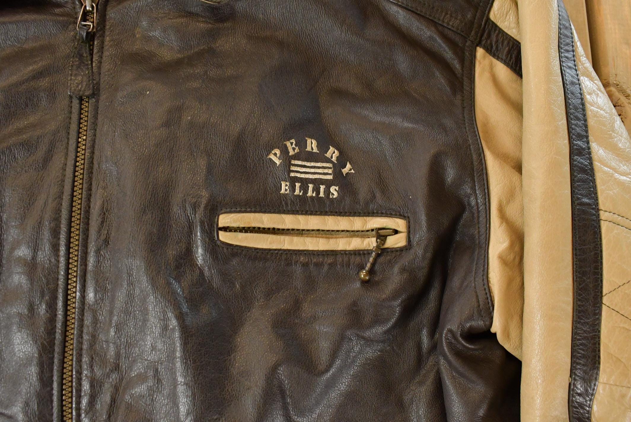 Vintage Y2K Perry Ellis Leather Bomber Jacket Men's 2XL