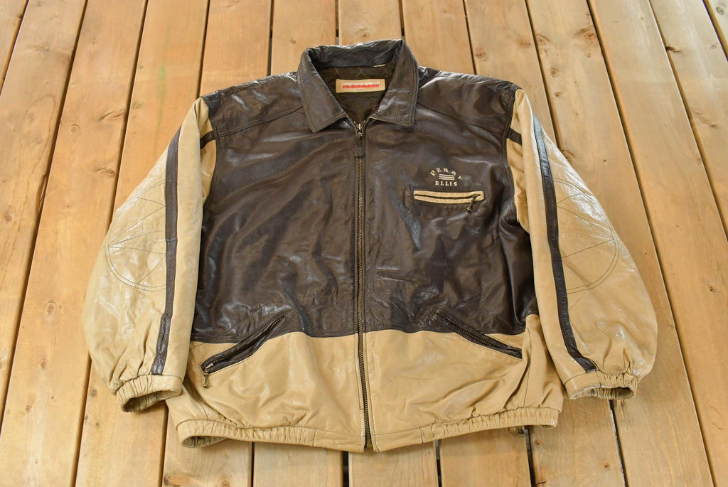 Vintage Y2K Perry Ellis Leather Bomber Jacket Men's 2XL