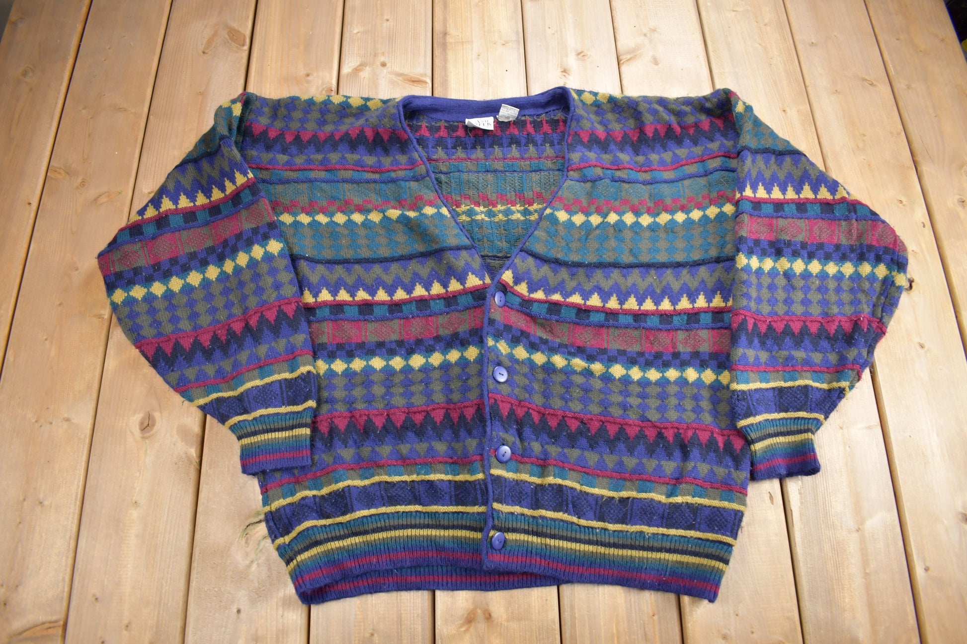 Vintage 1990s Ash Creek Coloured Knit Cardigan Sweater /