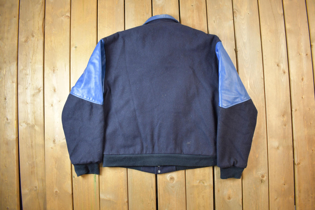 Vintage 1990s Manitoba Hydro Embroidered Logo Leather & Wool Varsity Jacket