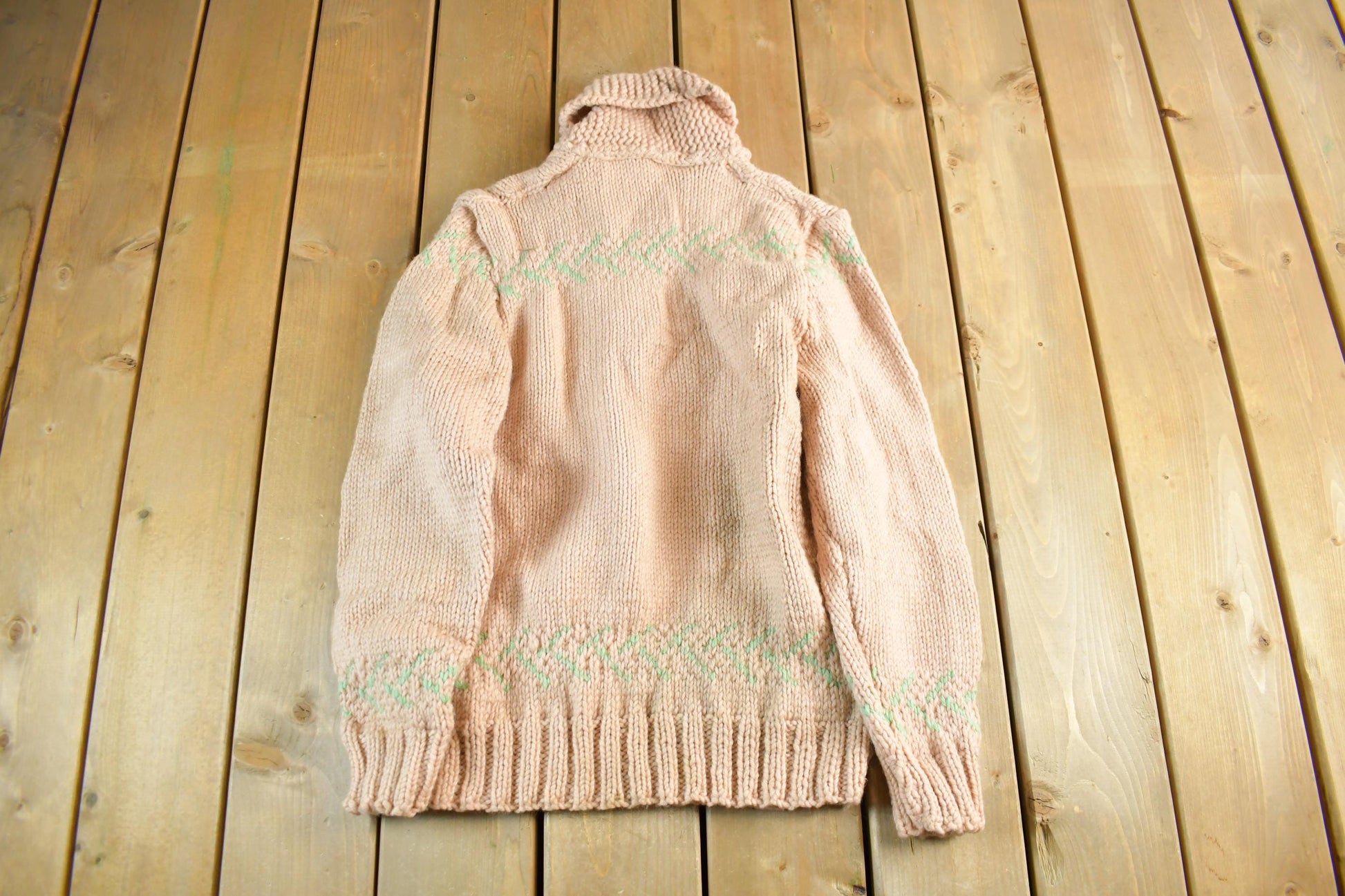 Vintage 1950s Hand-Knit Pink Zip Up Cowichan Sweater Women's Medium