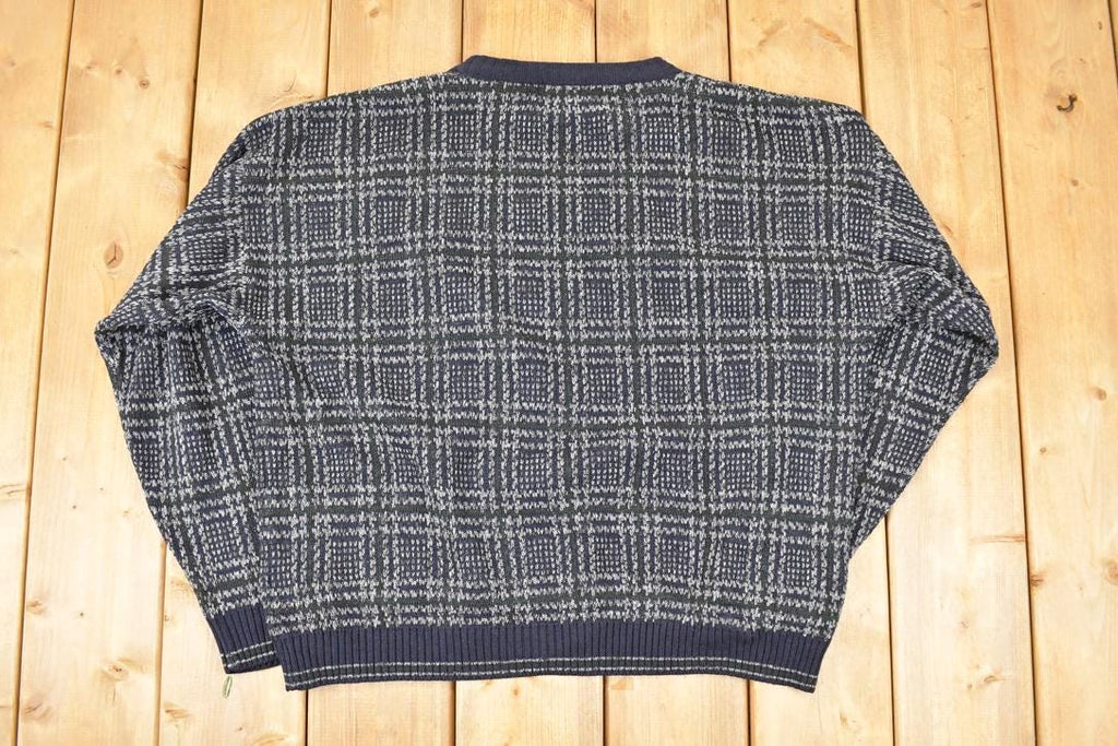 Vintage 1990s Natural Issue Plaid Knit Crewneck Sweater Men's L / 90s Knitted Sweatshirt / Vintage Preppy Knits