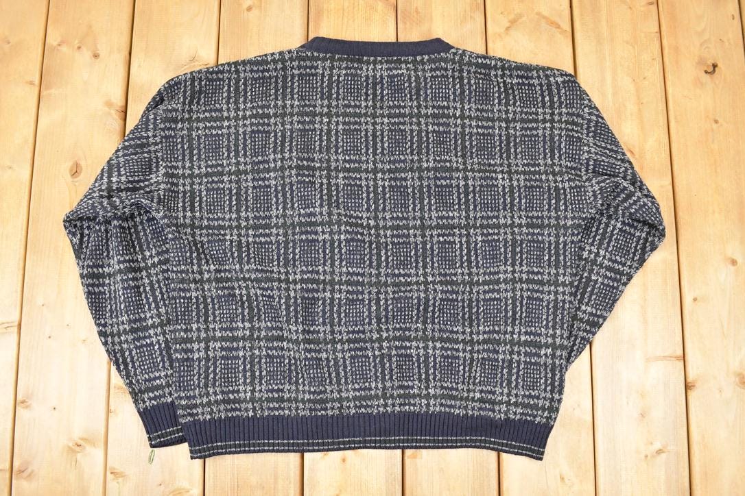 Vintage 1990s Natural Issue Plaid Knit Crewneck Sweater Men's L / 90s Knitted Sweatshirt / Vintage Preppy Knits