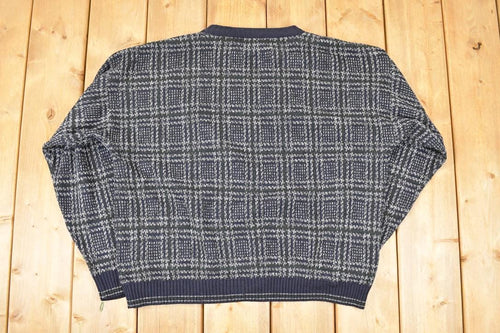 Vintage 1990s Natural Issue Plaid Knit Crewneck Sweater Men's L / 90s Knitted Sweatshirt / Vintage Preppy Knits