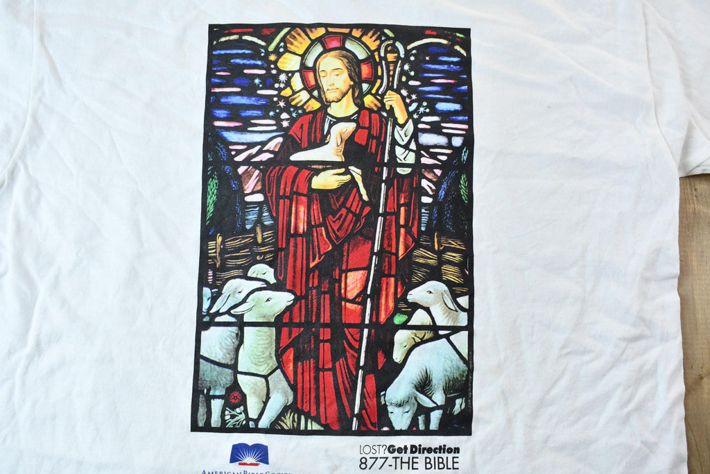 Vintage 1990s American Bible Society Graphic Stained Glass Jesus the Shepherd T-Shirt