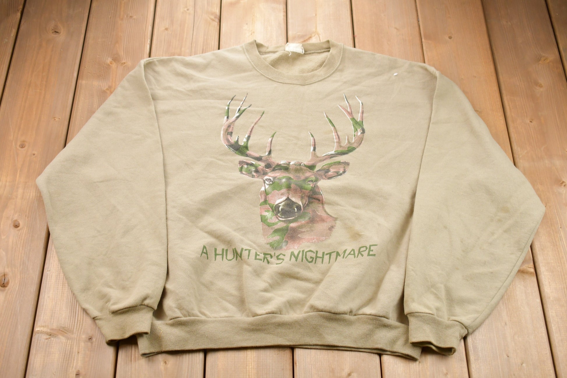 Vintage 1990s A Hunters Nightmare Camo Deer Graphic Crewneck Sweatshirt