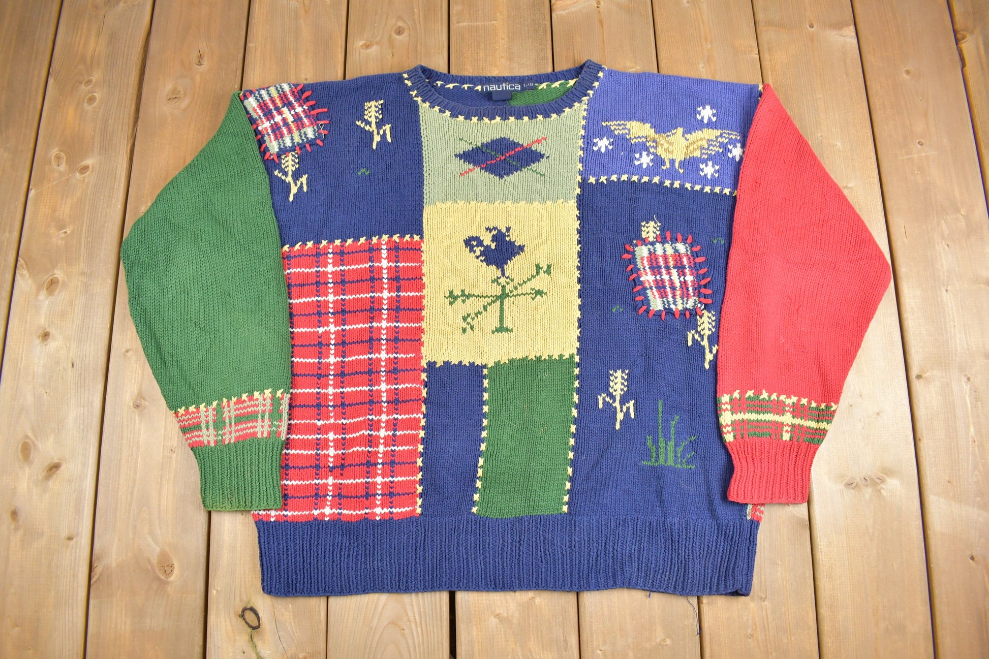 Vintage 1980s Nautica Patchwork Knit Crewneck Sweater / Vintage 80s Crewneck / Color Block Pattern / Cute / Grandma Sweater / Colorful