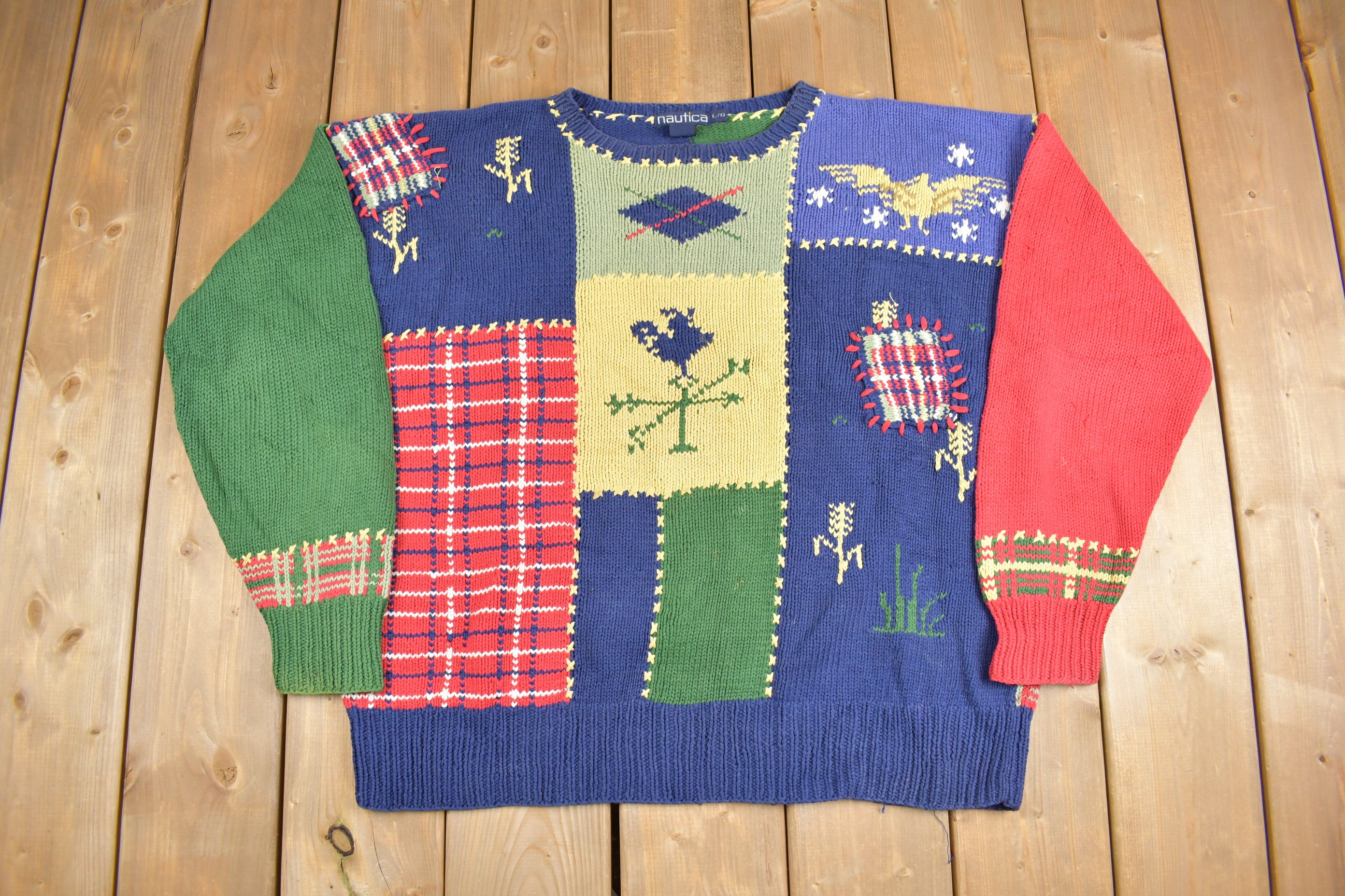 Vintage 1980s Nautica Patchwork Knit Crewneck Sweater