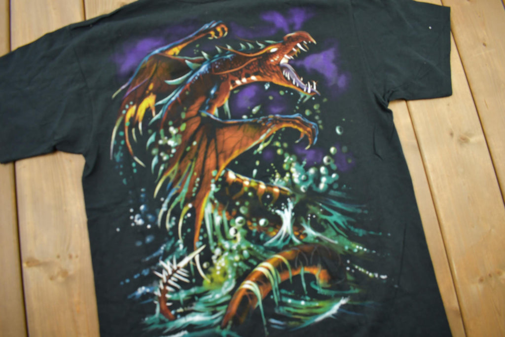 Vintage 1999 Deadstock Liquid Blue Dragon Wizard Big Graphic T-Shirt