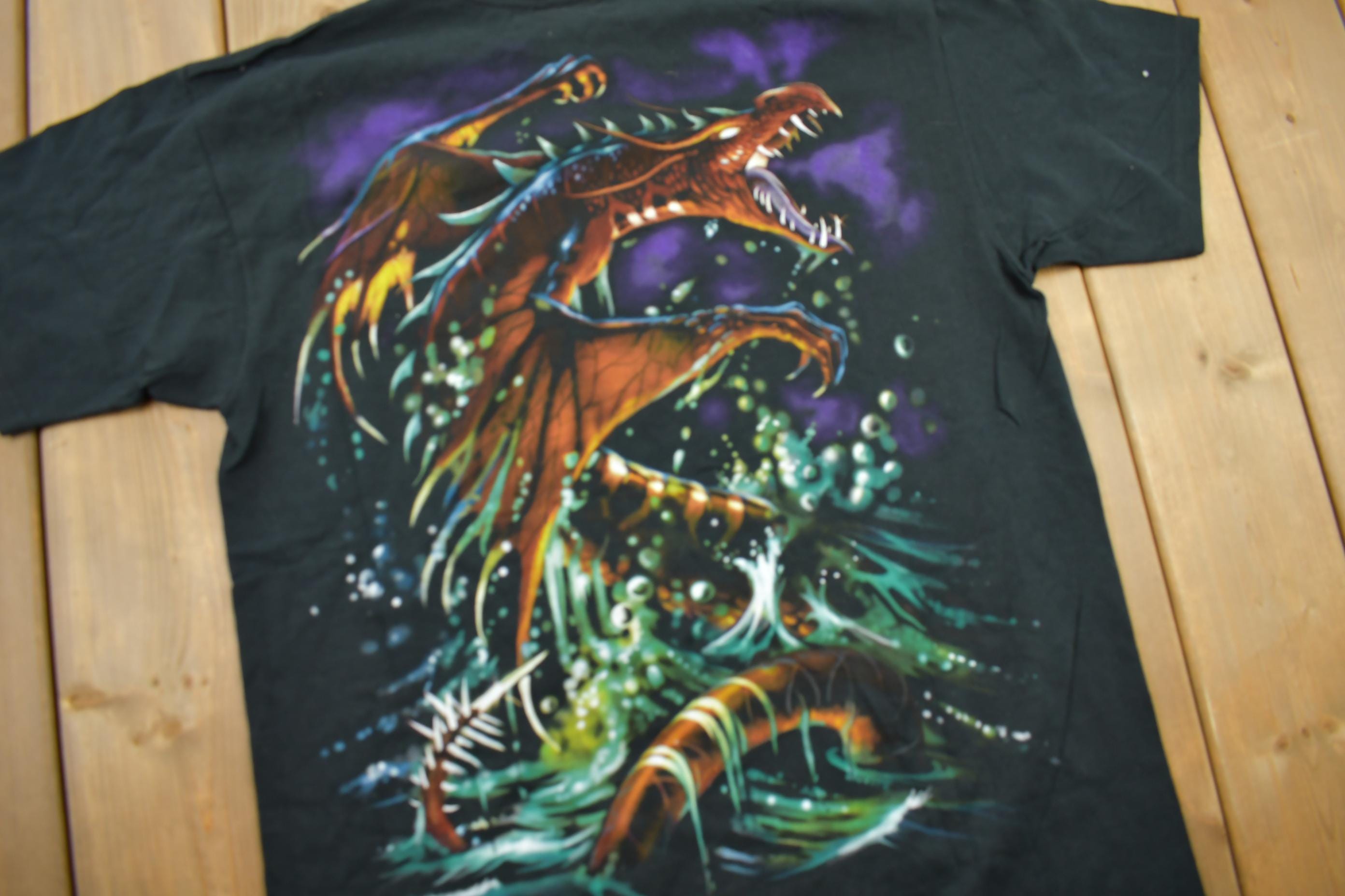 Vintage 1999 Deadstock Liquid Blue Dragon Wizard Big Graphic T-Shirt