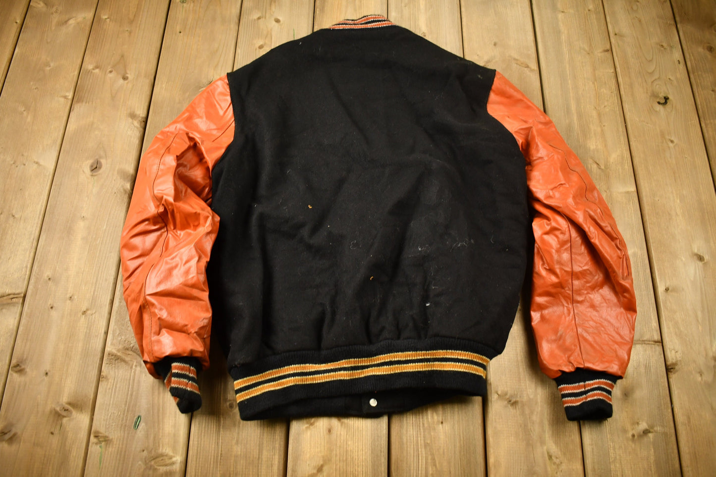 Vintage 1980s Orange & Black Leather Varsity Jacket / Chain Stitched / Bill / Vintage Letterman / Made In USA