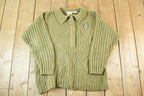 Vintage 1980s Graffiti Olive Cable Knit Quarter Button Collared Sweater Womens L