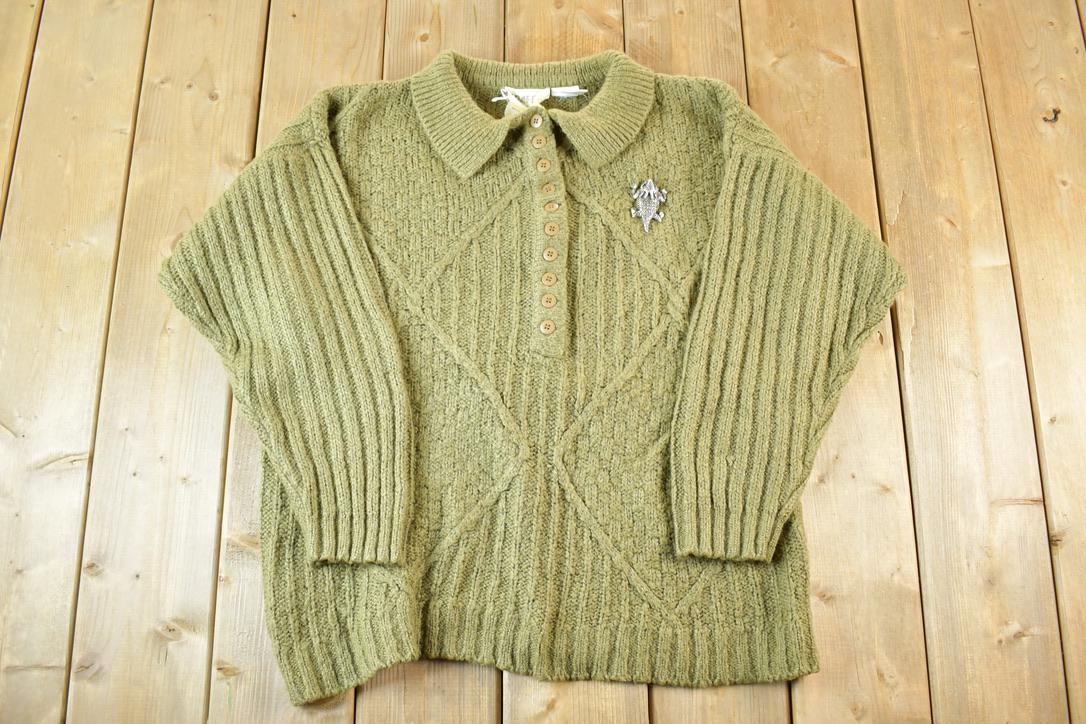 Vintage 1980s Graffiti Olive Cable Knit Quarter Button Collared Sweater Womens L