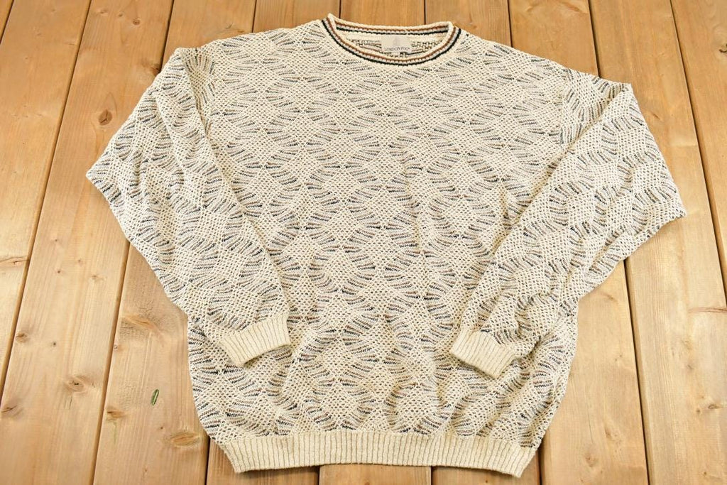 Vintage 1990s London Fog Knit Crewneck Sweater Men's L / 90's Abstract Pattern 3D Knitted Sweatshirt